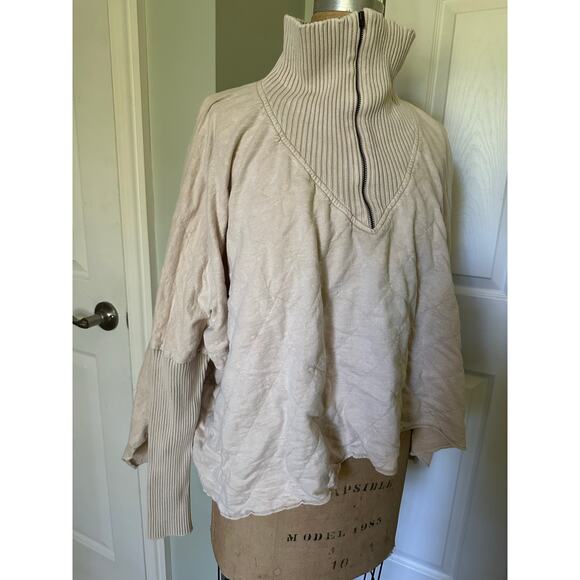 Free People Fp One Shiloh Sweatshirt Pullover Zip Oversized Ribbed sz M beige - Picture 16 of 16